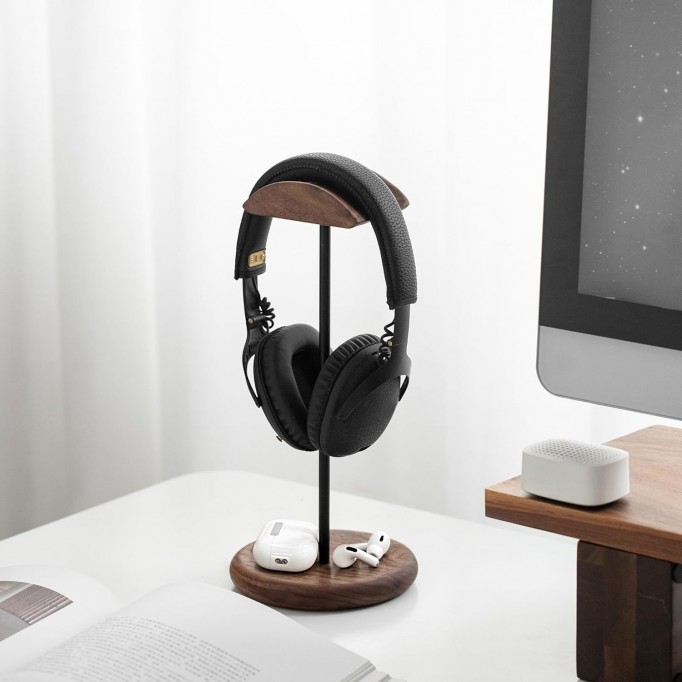 Walnut Wood & Aluminum Headset Stand, Desktop Headphone Stand, Headset Holder with Anti-slip Pad