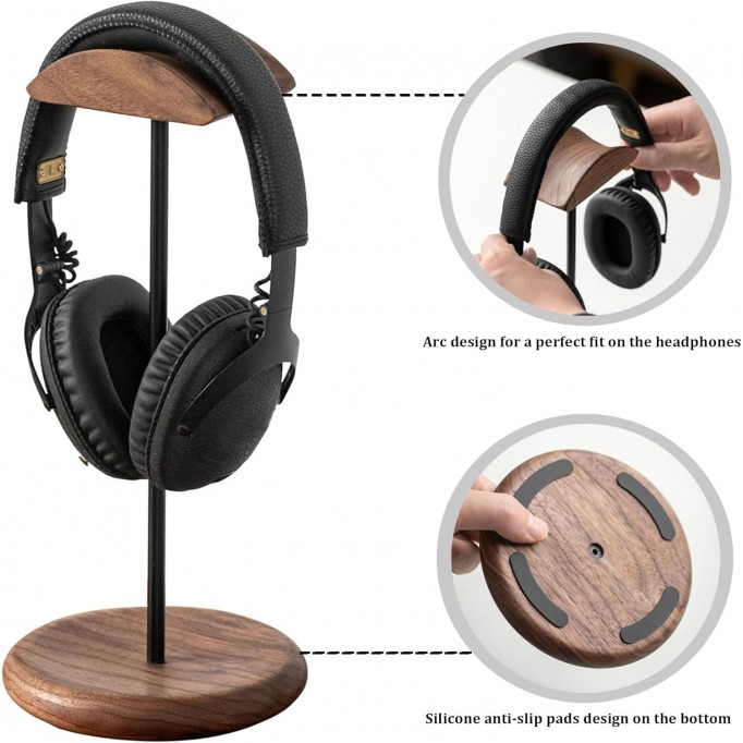 Walnut Wood & Aluminum Headset Stand, Desktop Headphone Stand, Headset Holder with Anti-slip Pad