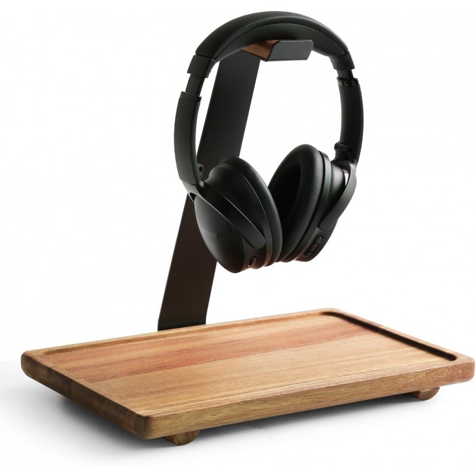 Headphone Stand for Desk,Acacia Wood Tray with Headphone Holder,Gaming Headset Stand
