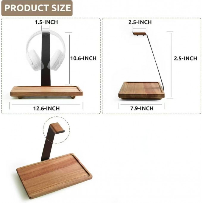 Headphone Stand for Desk,Acacia Wood Tray with Headphone Holder,Gaming Headset Stand