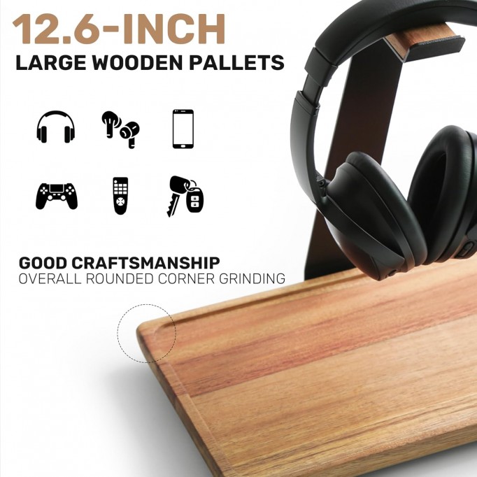 Headphone Stand for Desk,Acacia Wood Tray with Headphone Holder,Gaming Headset Stand