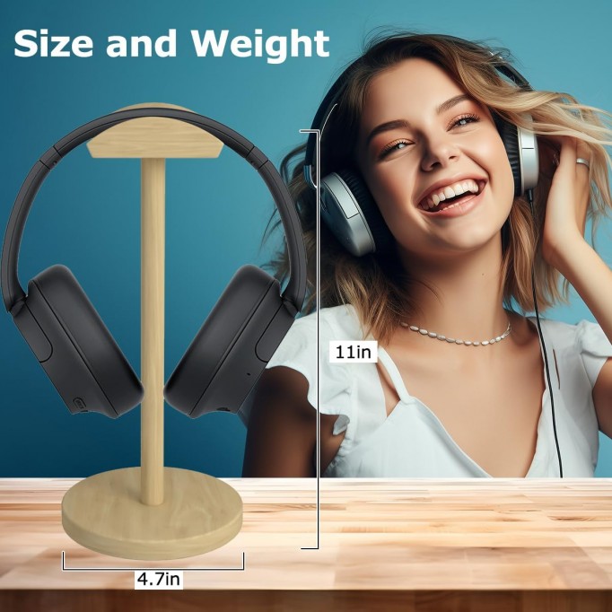 Headphone Stand Gaming Headset Holder Display Earphone with Supporting Bar Desktop Storage Headrest Wooden Solid Base