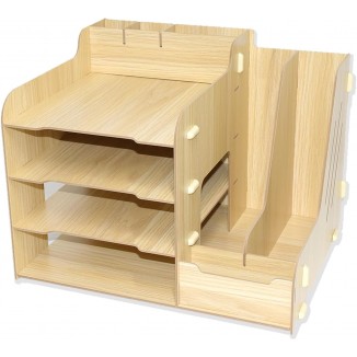 Wooden Desk Tidy Organiser, Office Stationary Desktop File Holder Storage Rack for Letter, A4 Paper