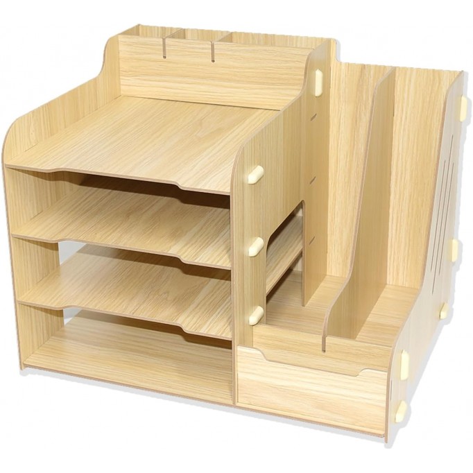Wooden Desk Tidy Organiser, Office Stationary Desktop File Holder Storage Rack for Letter, A4 Paper