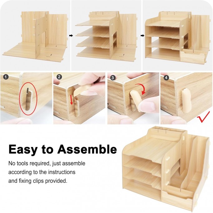 Wooden Desk Tidy Organiser, Office Stationary Desktop File Holder Storage Rack for Letter, A4 Paper