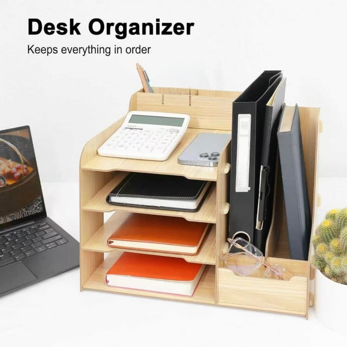 Wooden Desk Tidy Organiser, Office Stationary Desktop File Holder Storage Rack for Letter, A4 Paper