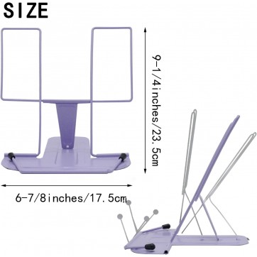 Metal Book Stand for Desk Reading, Adjustable Reading Rack, Portable Book Cookbook Holder(Purple)