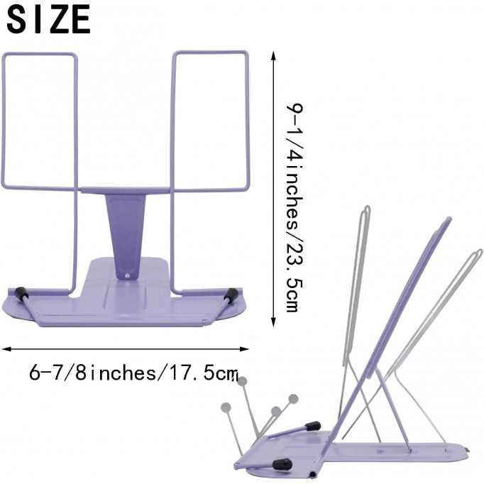 Metal Book Stand for Desk Reading, Adjustable Reading Rack, Portable Book Cookbook Holder(Purple)