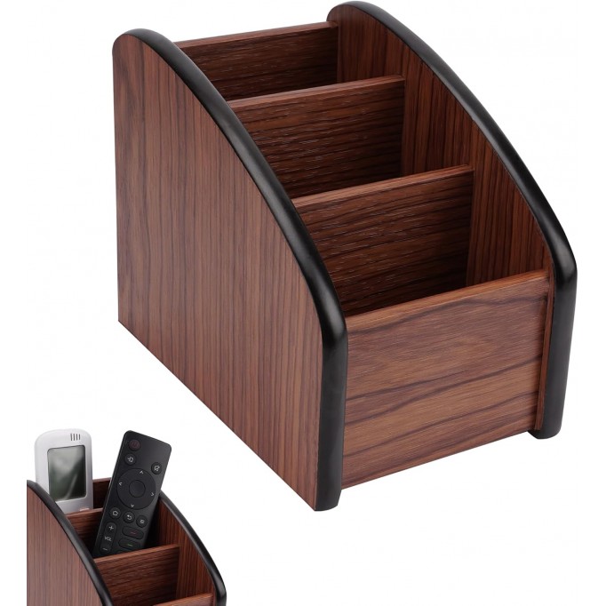Wooden Remote Control Holder - Multi-Slot Stepped Organizer Box for TV Remotes, Desktop Storage Caddy for Living Room